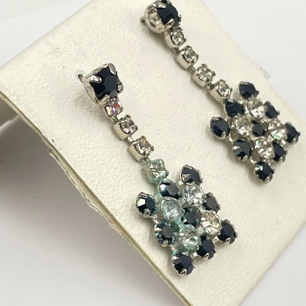 Vintage‎ Silver-Tone Glamour Prong Rhinestone Beads Checkerboard Dangle Earrings